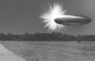 Actual site photo with FBI Lab rendered graphic overlay depicting corroborating eyewitness reports from September 2023 of an apparent ellipsoid bronze metallic object materializing out of a bright light in the sky, 130-195 feet in length, and disappearing instantaneously