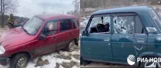 Автомобильные свидетельства зверств от официальных СМИ. Правда, в «Ниве» (бордовая машина) нет битых стекол, и как пуля попала внутрь, чтобы убить водителя и ранить Федора, не видно. Битые стекла есть у «семерки», но она не «Нива»