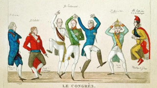Британская карикатура на Венский конгресс: «Они балансируют». В центре – монархи Пруссии, России и Австрии (), правее – Франция и Королевство Сардинии; левее танцующих – Роберт Стюарт, лорд Каслри, министр иностранных дел Великобритании, и Генуэзская Республика