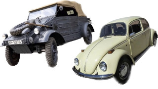 Один из самых знаменитых автомобилей в истории – VW Käfer, «жук» (справа) послужил базой для знаменитой военной машины Второй мировой войны – Kübelwagen