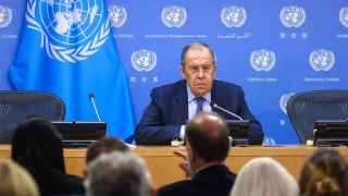 Министр иностранных дел РФ Сергей Лавров во время итоговой пресс-конференции в штаб-квартире ООН
