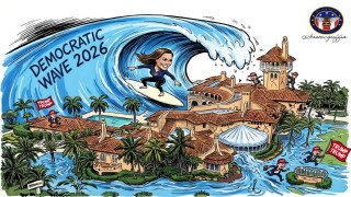 Надпись на волне: «Демократическая волна – 2026»; серфингистка – Эмили Грегори