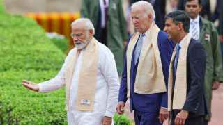 Слева направо: Нарендра Моди, премьер-министр Индии, Джо Байден, президент США, Риши Сунак, премьер-министр Великобритании не смогли согласовать на саммите «Двадцатки» серьезного документа