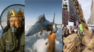 Дональд Трамп за штурвалом истребителя, вооруженного дерьмом, атакует Нью-Йорк